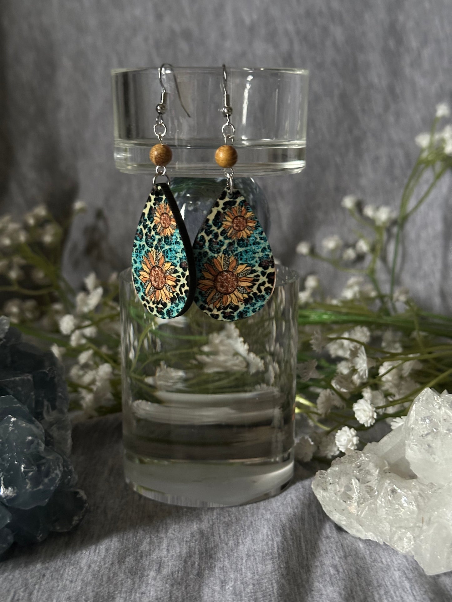 Sunflowers / Animal Hide Teardrop Earrings