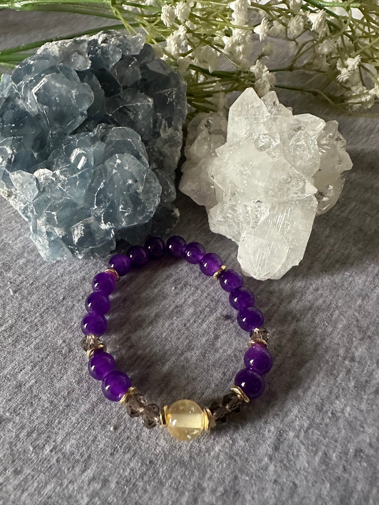 Amethyst, Clear and Smokey Quartz Crystal Bracelet