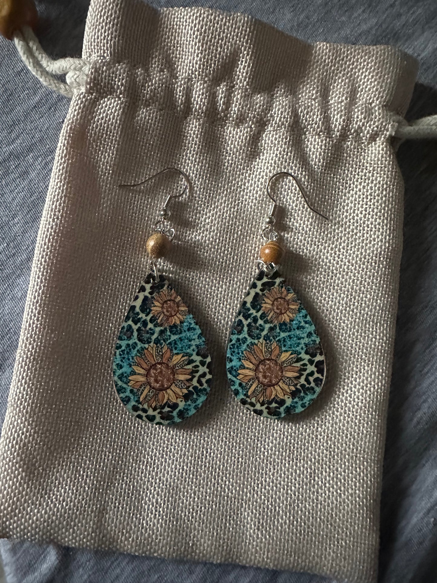 Sunflowers / Animal Hide Teardrop Earrings