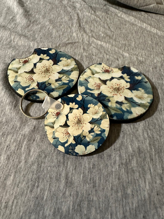 Floral Car Coaster and Keychain Set B