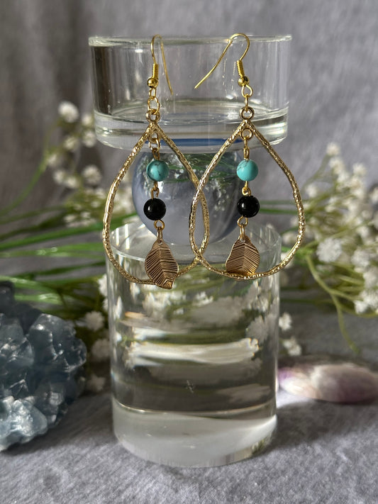 Turquoise and Obsidian Teardrop Earrings