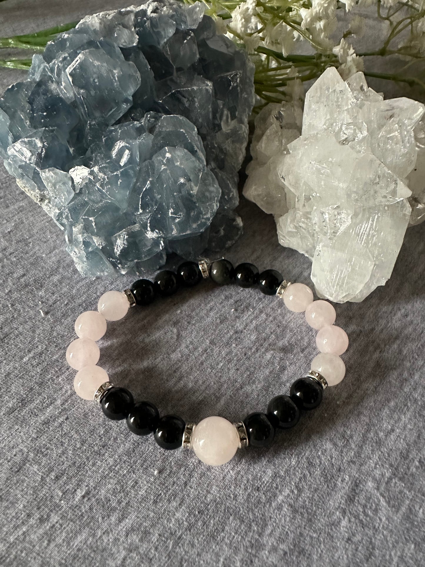 Black Obsidian and Rose Quartz Crystal Bracelet