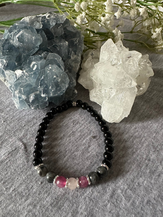 Black Tourmalime, Rose Quartz, Lepidolite and Labradorite Crystal Bracelet