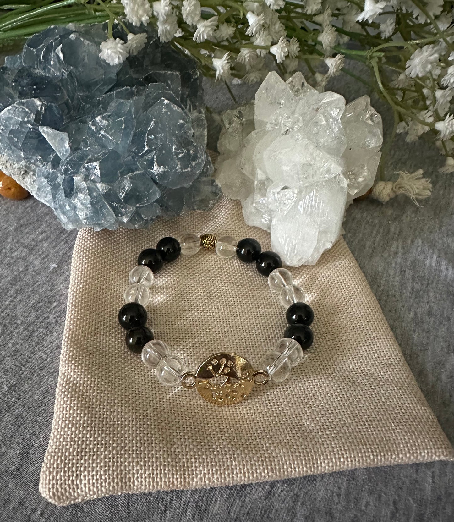 Black Obsidian and Clear Quartz Crystal Lux Bracelet