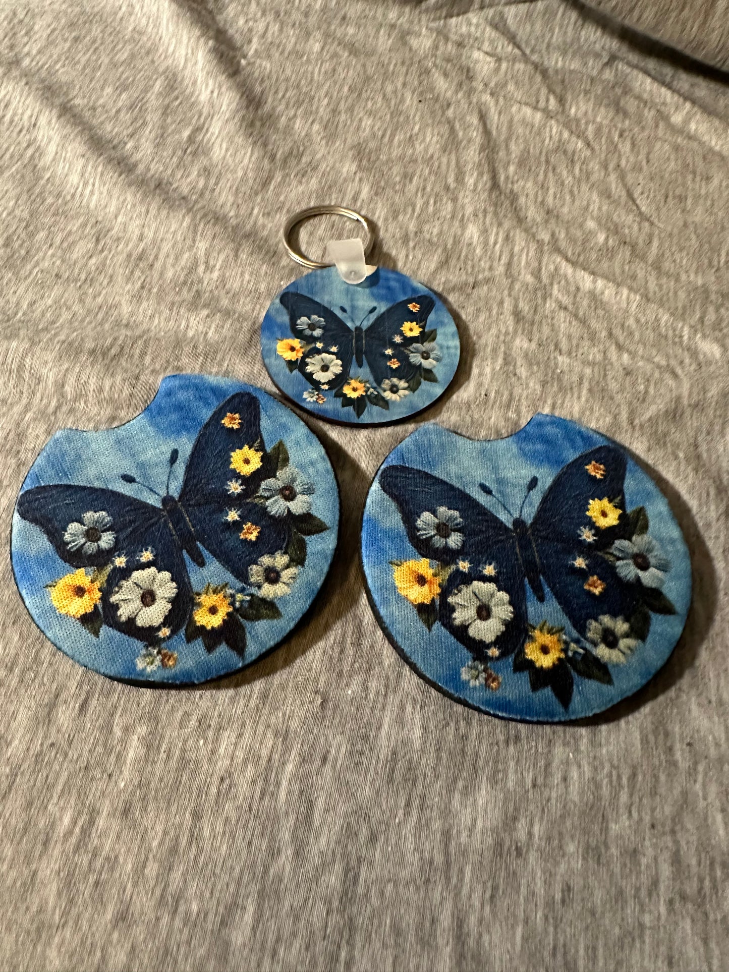 Denim Butterfly Car Coaster and Keychain Set B