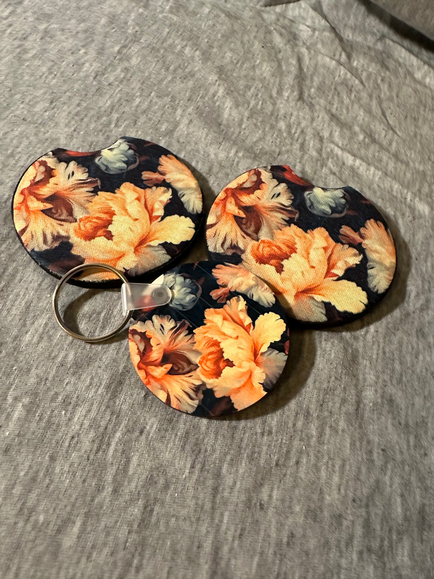 Floral Car Coaster and Keychain Set D