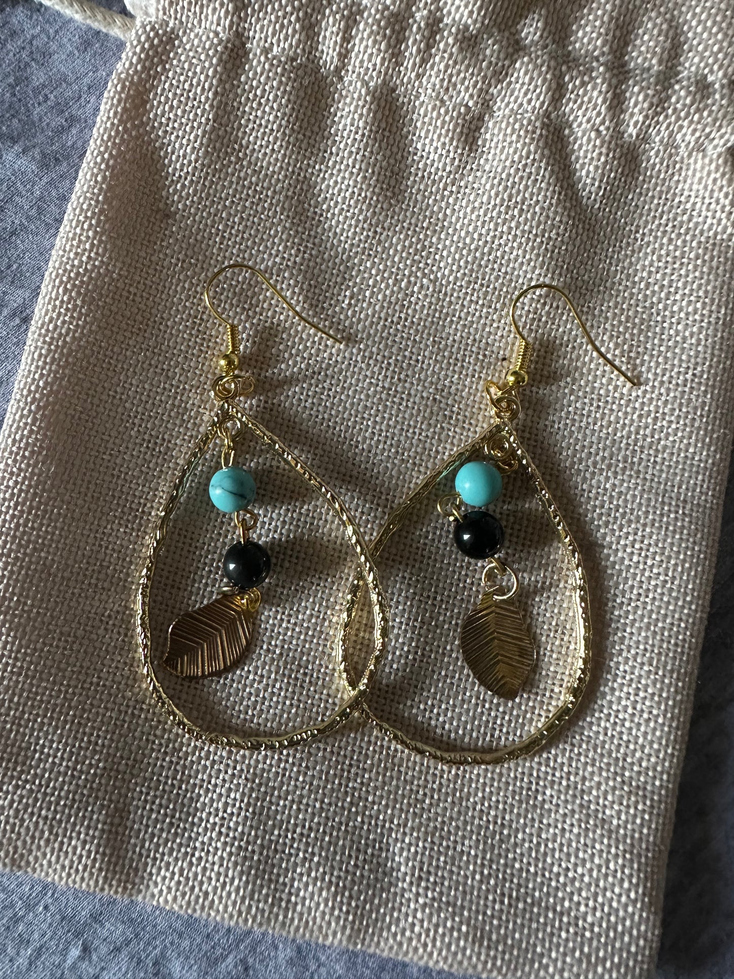 Turquoise and Obsidian Teardrop Earrings